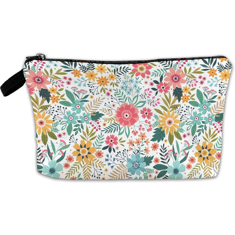 White Flower Floral Makeup Cosmetic Bag Blue Aesthetic Pouch Organizer Small Compact Cute Travel Mini Portable Beauty Toiletry Make Up Brush Storage