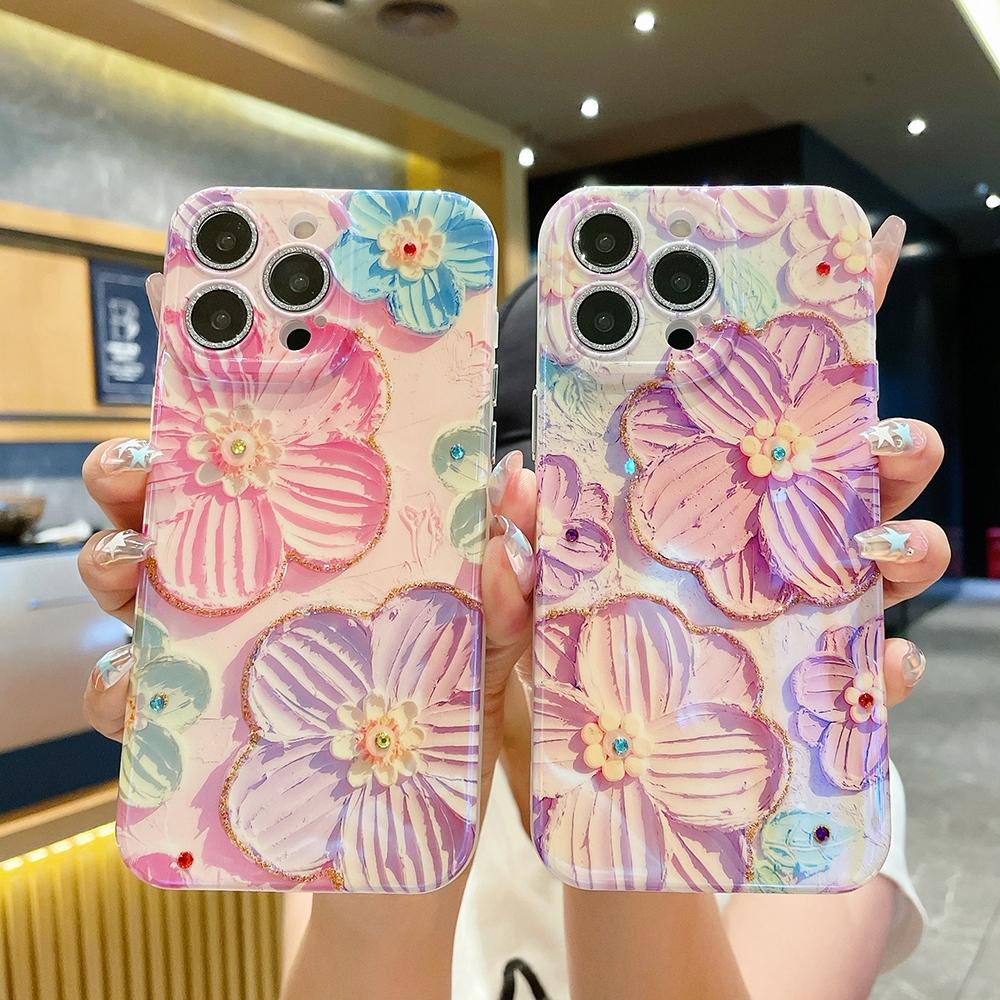 Fashion Blue Pink Purple flowers Pattern Phone Case with lens protective film For iphone 15 14 13 12 Pro Max 11 15plus 12pro Soft silicone Back Cover