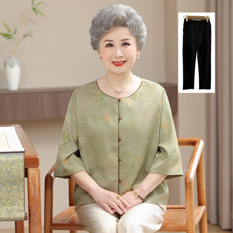 Grandma's Chinese Spring Collection: Guofeng Shirt & Stylish Top Set for Middle-aged and Elderly Women