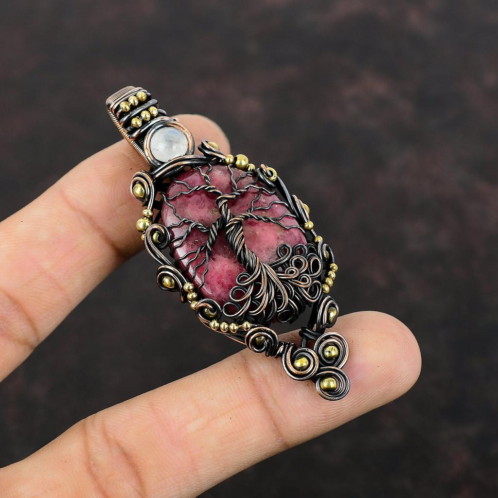 Tree Of Life Rhodonite Pendant Copper Wire Wrapped Jewelry Handmade Pendant Rainbow Moonstone Gemstone Pendant Copper Pendant Gift For Her