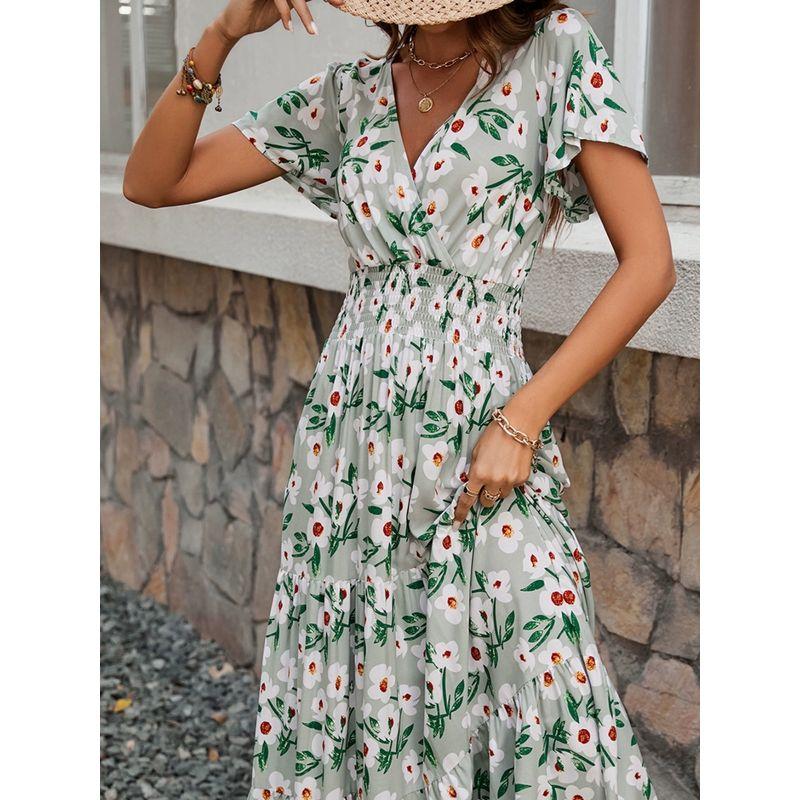 Summer New Arrival Fashion V-neck Short Sleeve Print Dress Women's European and American Fashion Waist-Tight Figure Flattering Wide Hem Long Dress
