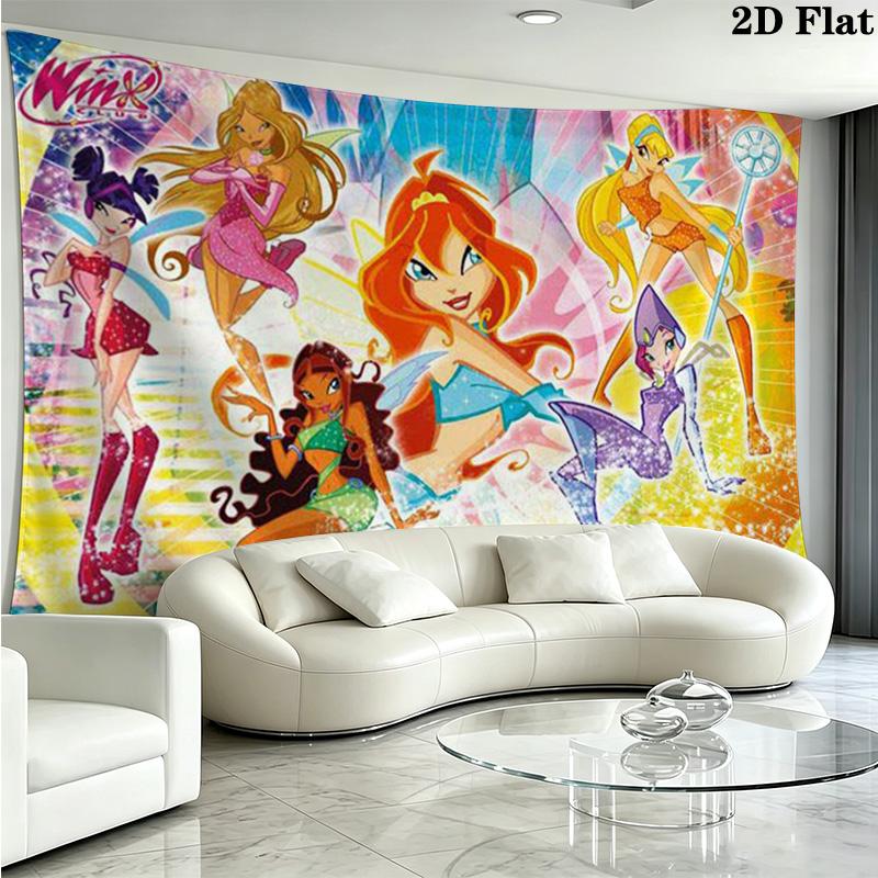 Winx Club Cartoon Wall Tapestry Aesthetic Wall Hanging Printed Fabric Blanket Decorative Tapestries for Bedroom Living Room Home Decor