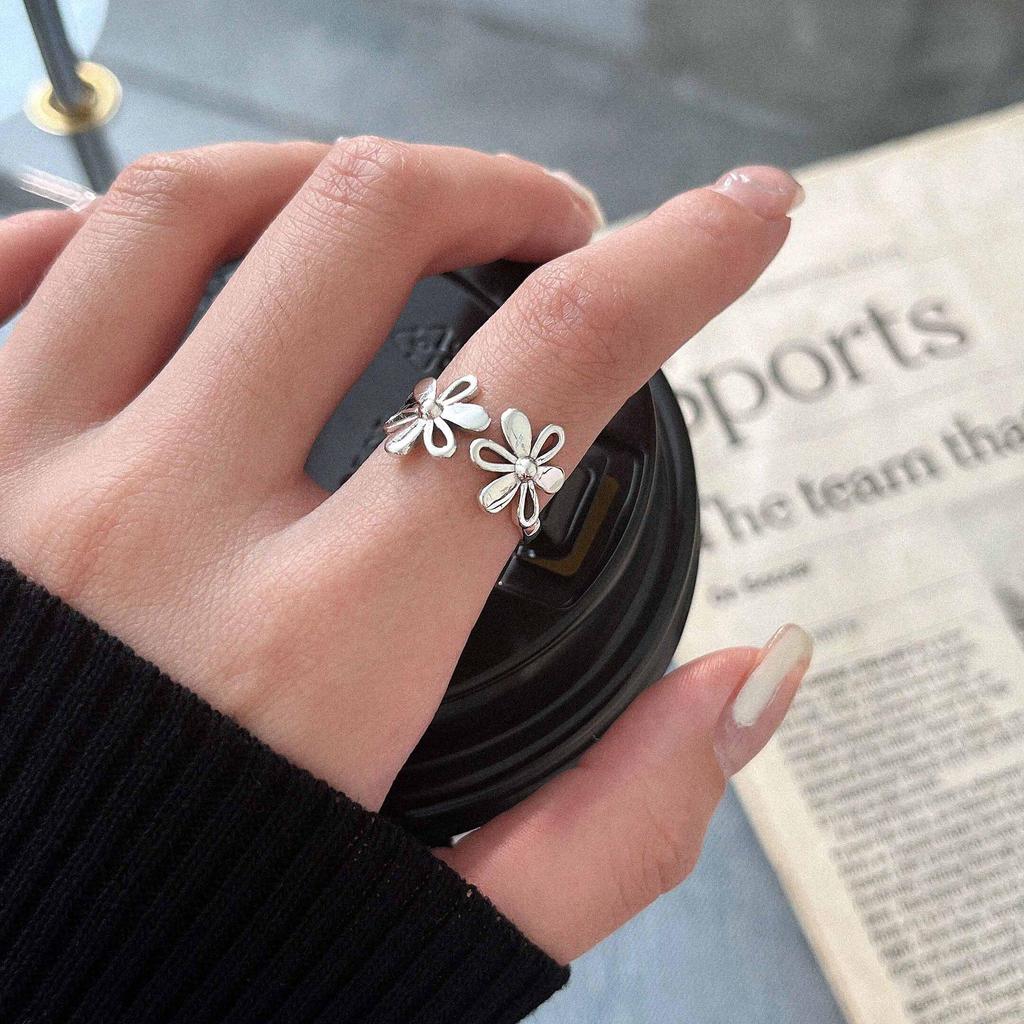 S925 Sterling Silver Open Flower Ring - Women's Versatile Korean Retro Design