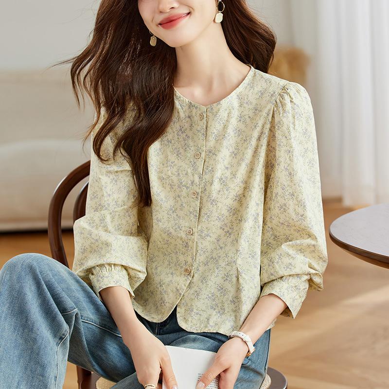 Round Neck Floral Blouse for Women Long Sleeve Spring Clothes Pastoral Style Top Small Sweet Cotton Blouse