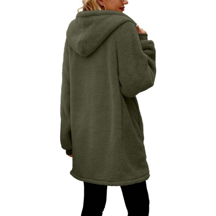 Fashionable Plush Jacket for Women Loose Hooded Zipper Coat Solid Color Long Sleeved Pocket