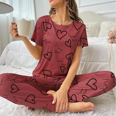 Damska Odzież Domowa Casualowe Zestawy Wypoczynkowe Miękka Piżama Odzież do Spania Nadruk Krótki Rękaw Okrągły Dekolt T-shirt ze Spodniami Odzież Nocna 2-częściowa