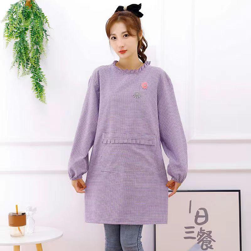 Long Sleeve Apron Women Plaid Simple Waterproof Oil-proof Breathable Household Aprons Wear-resistant Kitchen Cleaning Tools New