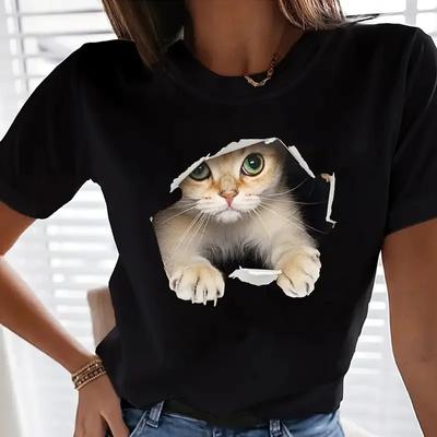 Tricou drăguț cu imprimeu de pisici cu gât turnu, tricou casual cu mânecă scurtă pentru primăvară și vară, îmbrăcăminte pentru femei