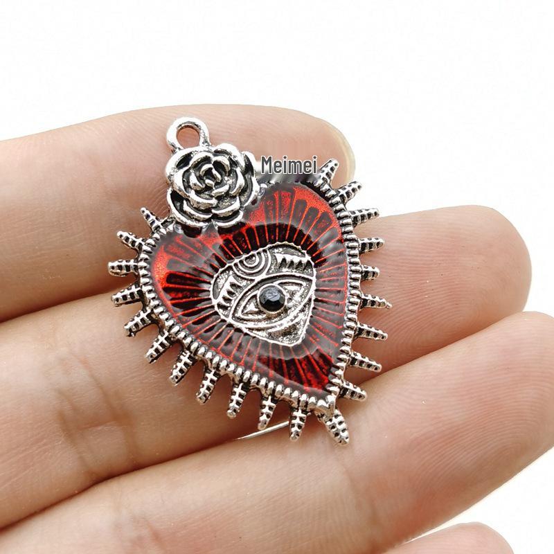 Gothic Punk Wild Rose Heart Pendant & Blood-Red Eye Drip Earrings Necklace Set