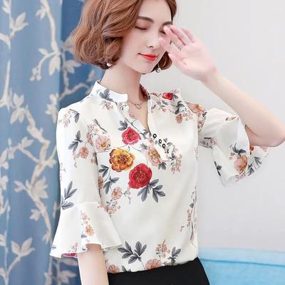 Koreaans los chiffon shirt met halve mouwen, dames korte mouwen print dieptepunt blouse lente/zomer nieuwe chiffon top M-5XL
