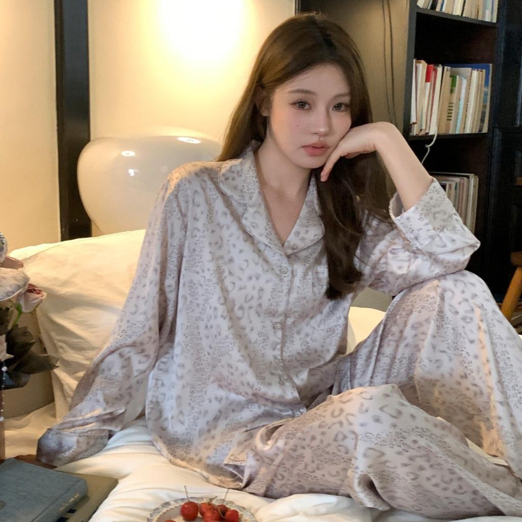 Women's pajamas, high-end leopard print ice silk pajamas, spring and autumn long-sleeve pants set, Xiaohongshu and Douyin