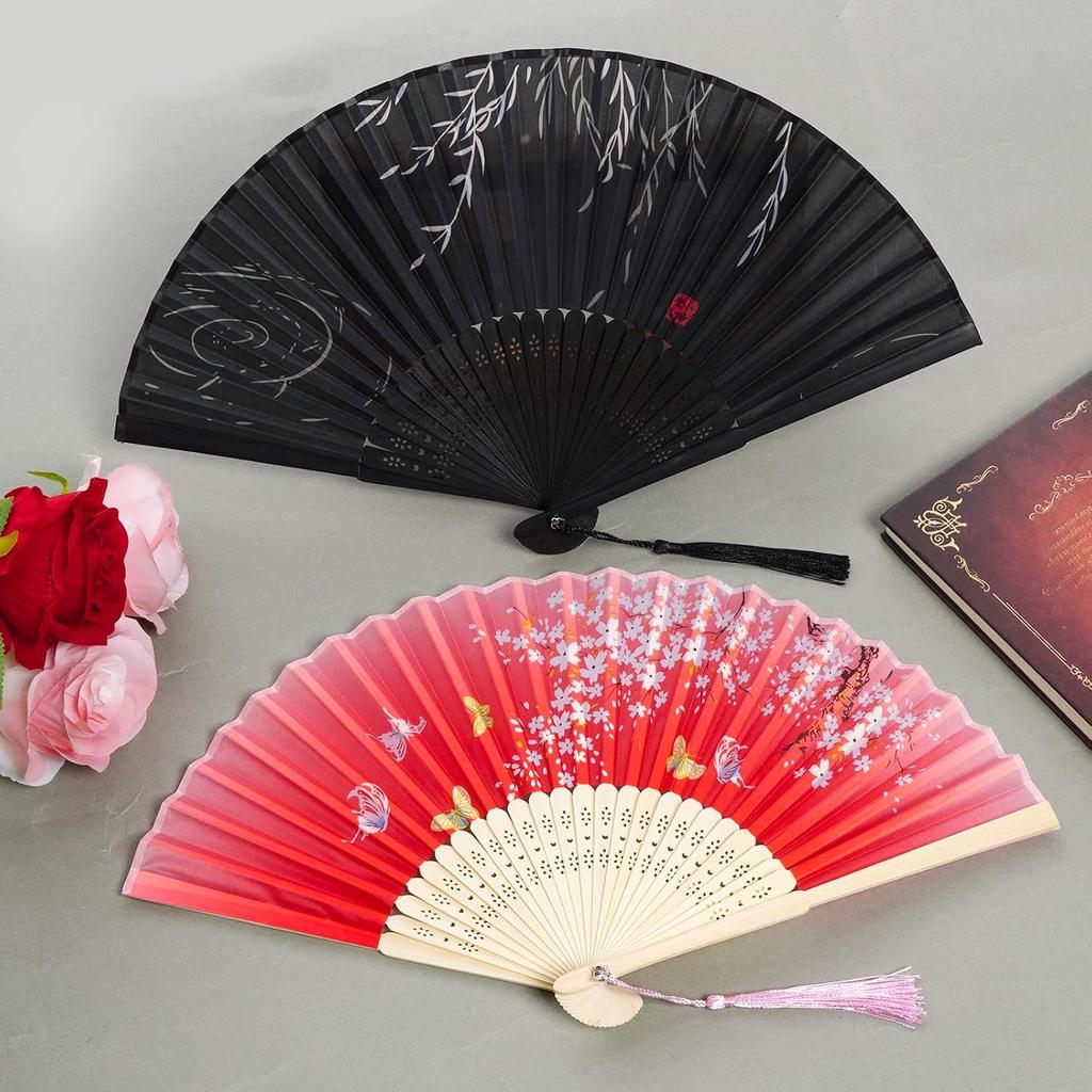 Handheld Folding Fans Floral Hand Held Fans Silk Bamboo Fans with Tassel Chinese Japanese Hand Foldable Fan with Fabric Sleeve for Dancing Wedding
