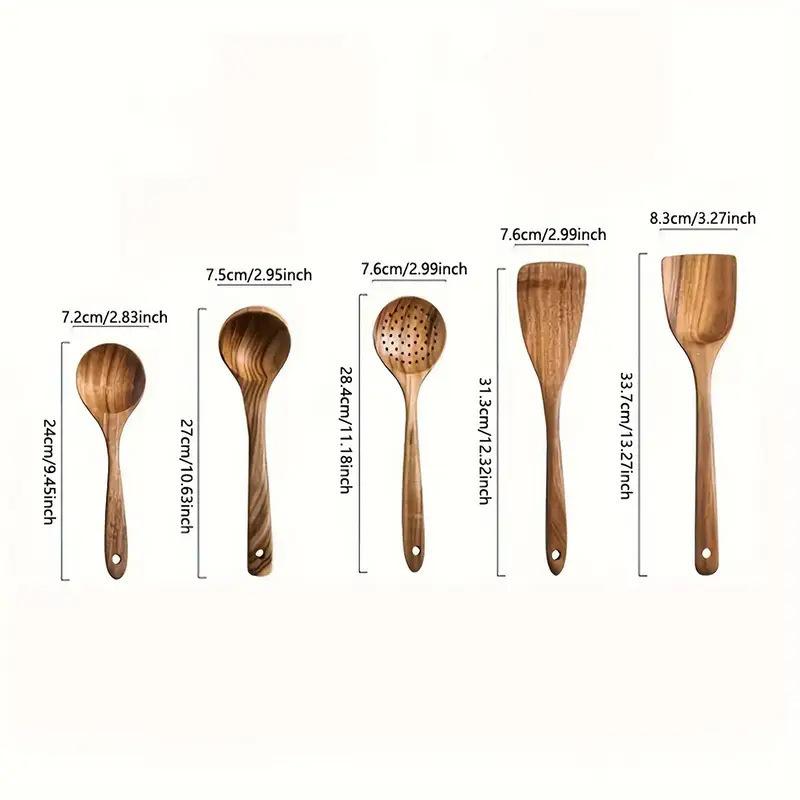

5pcs Wood Kitchen Utensil and Spoon Sets - Smooth Finish Non-Stick Cooking Spoons with Comfort-Grip, Wooden Spatula for Soup
