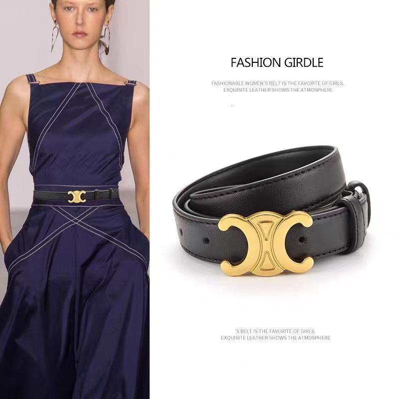 Color Solid Fashionable Gold Buckle Design Women Double Layer Belt Cowhide