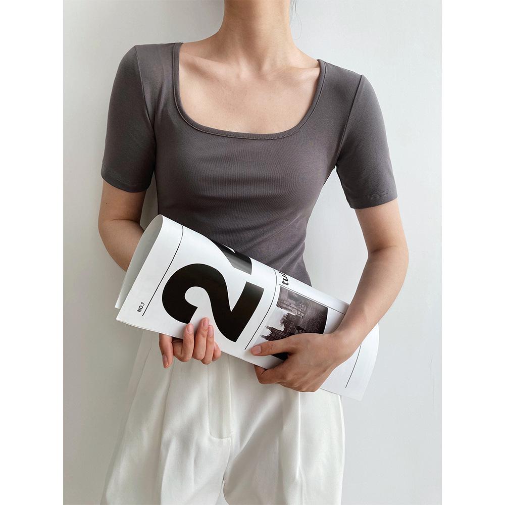LUXI 2024 Summer Women's Short Sleeve Square Neck Slim Fit T-shirt - Solid Color, High Waist, Exposed Collarbone Style