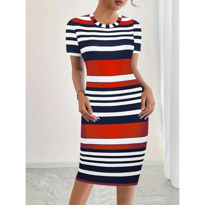 This Striped Printed Dress Is A Fashionable and Sexy Round-neck Short-sleeved Dress for Summer