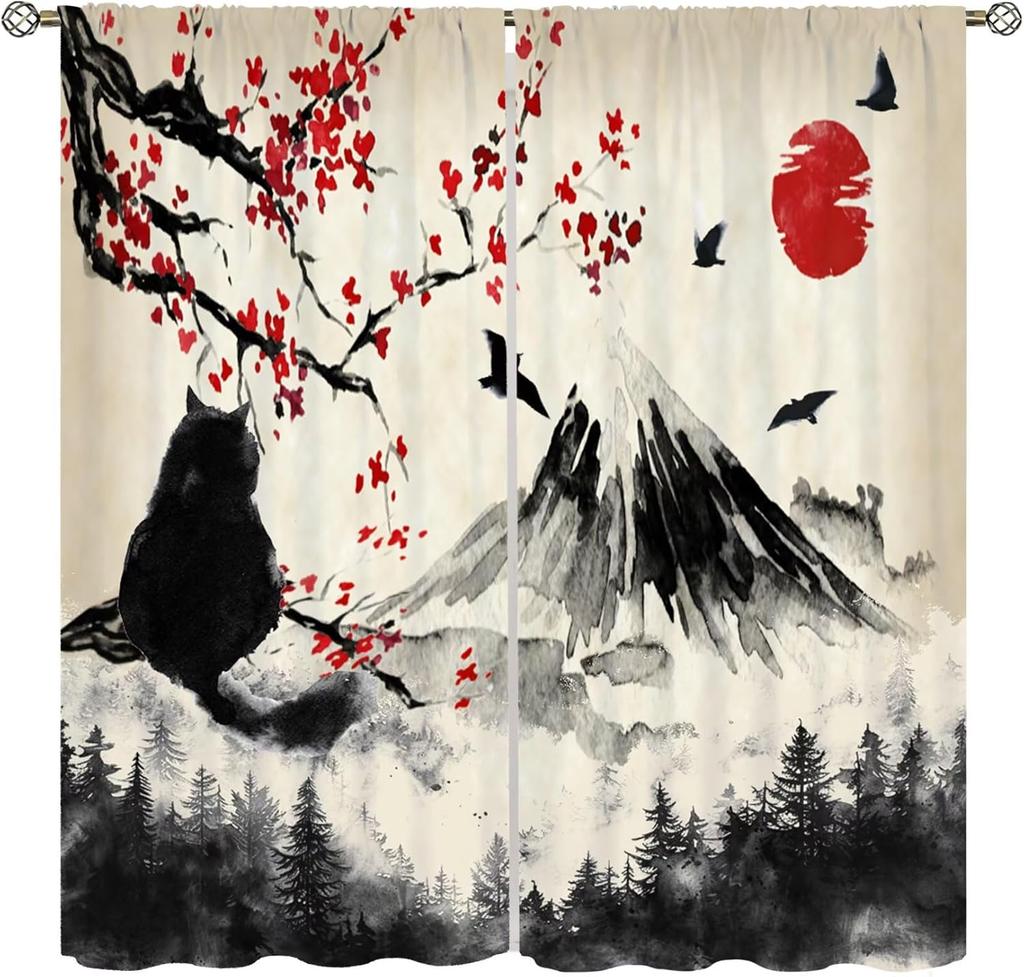 Moderne Japanische Vorhänge Glückskatze Berg Fuji Kirschblüten Traditionelles Muster Dekor Vorhänge für Schlafzimmer Wohnzimmer