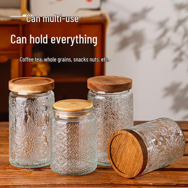 Retro Carved Storage Jar with Acacia Wood Lid for Grains, Dried Fruits, and Snacks