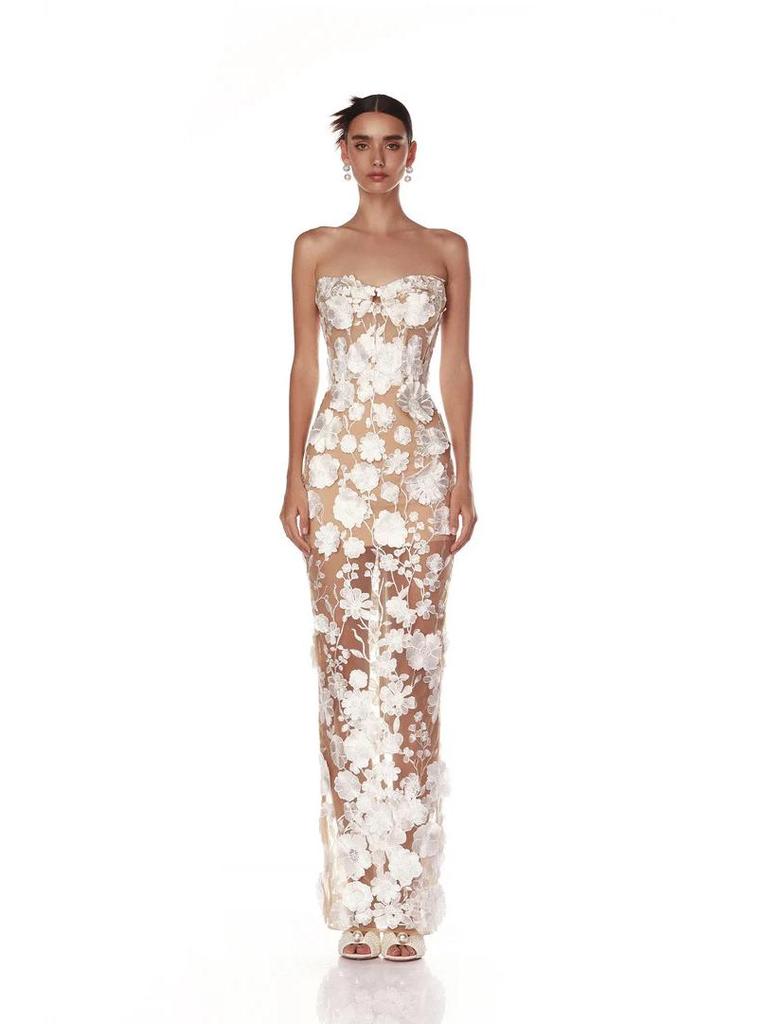 Europäisches & Amerikanisches Design Trägerloses Blaues Abendkleid mit 3D-Blumen-Details