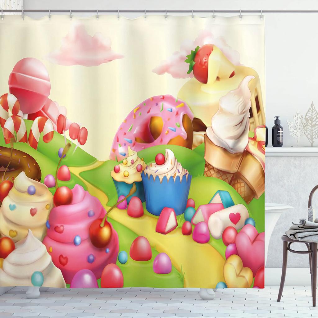 Ice Cream Shower Curtain Summer Flower Rainbow Popsicle Colorful Dots Design Fabric Waterproof Bath Curtain Bathroom Curtain Set