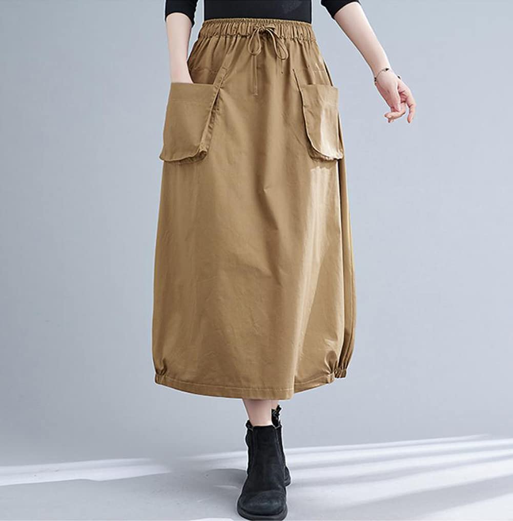 ShuMing Long Balloon Maxi Elastic Plus Solid Color Size Women's Skirt, Length, Waist, Pockets, Cargo-Style, Casual, A-Line, Size, Flattering, (Free