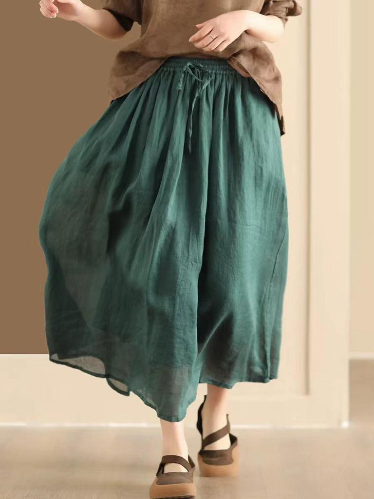 Johnature Women Vintage Patchwork Skirts Solid Color Elastic Waist Cloths Summer Loose Belt Female Skirts