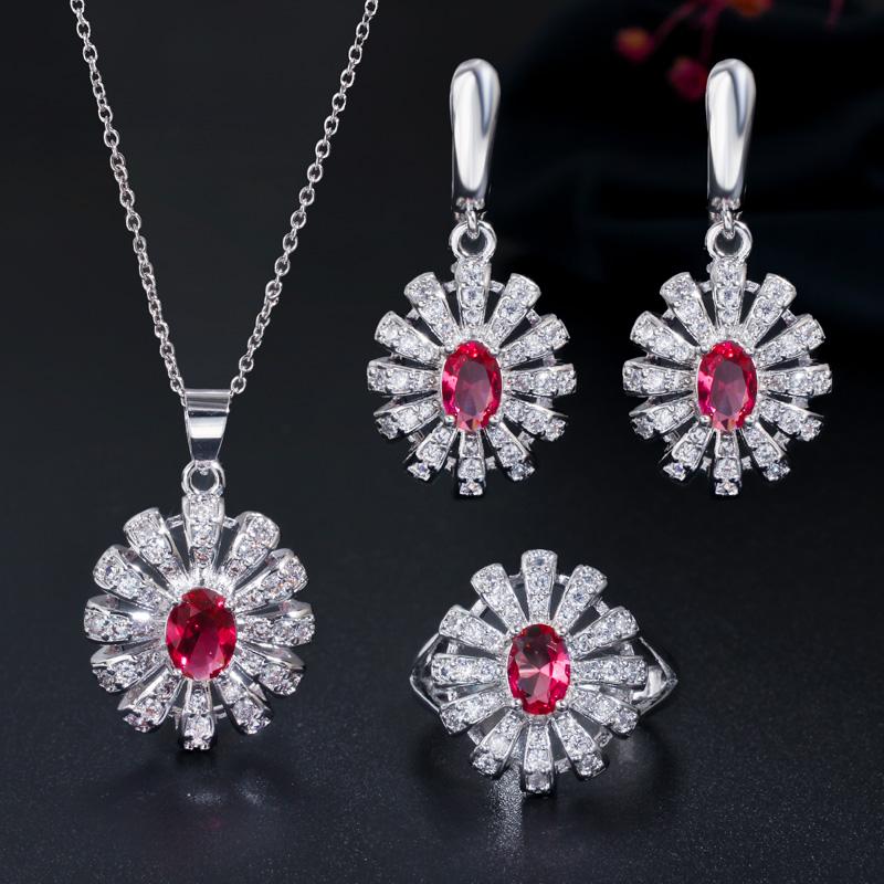 WWJ Korean Design Cubic Zircon Sun Flower Ring Earrings Pendant Necklace 3pcs Set