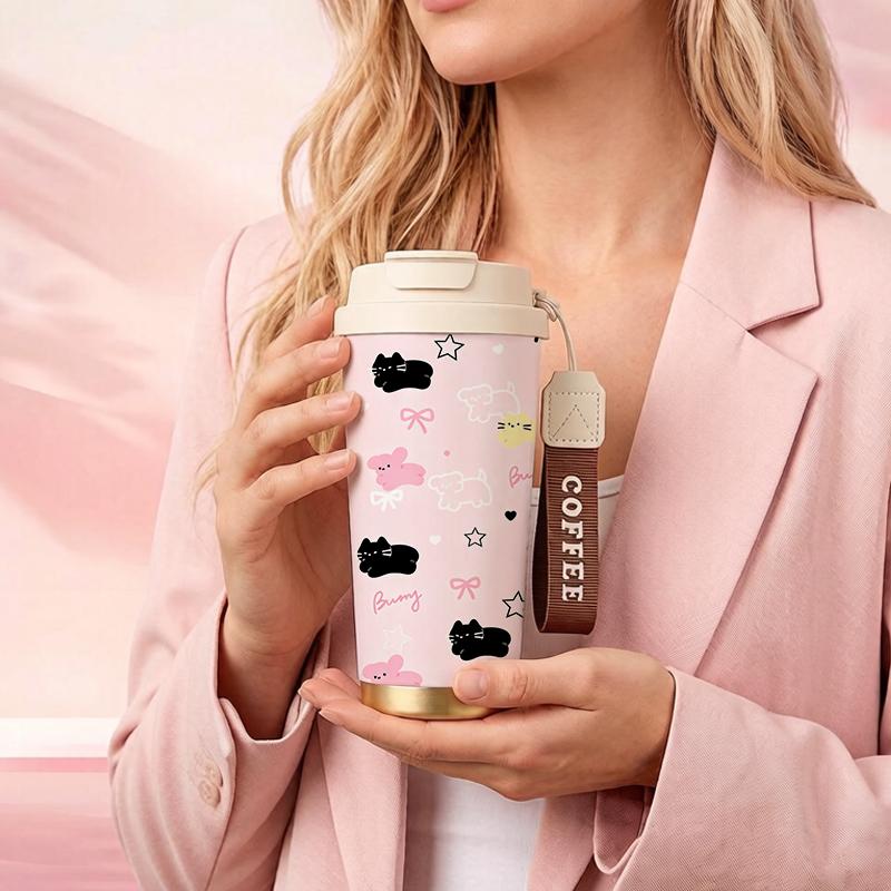 Coffee Mug 532ml Animal Bow Element Lanyard Insulated Cup Hot Cold Cup Stainless Insulated Cup Outdoor Cup Heat Proof Travel Cup Coffee Mug 532ml