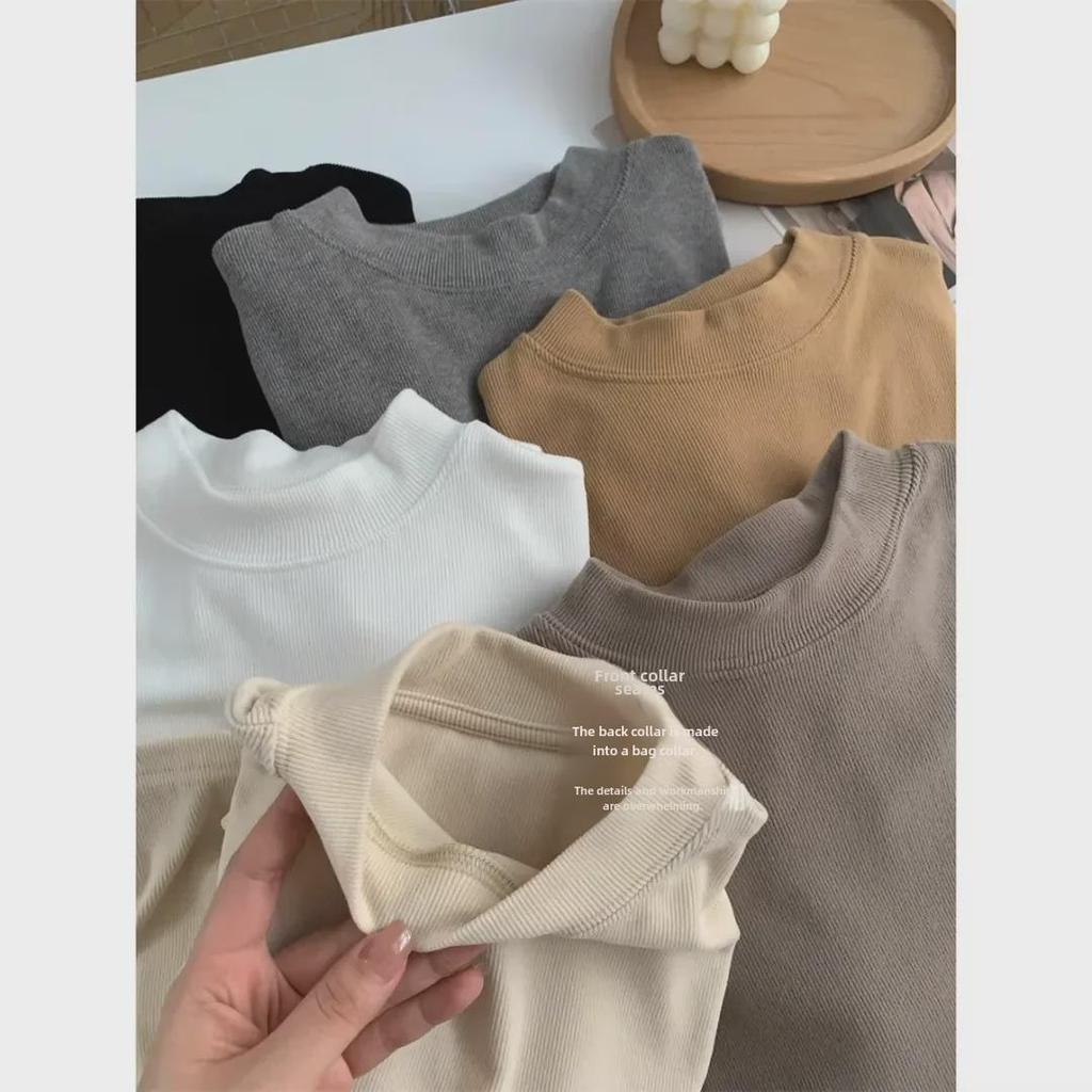 Women's White Cashmere Slim-Fit Long-Sleeve T-Shirt with Stand-Up Collar - Autumn/Winter Velvet-Brushed Solid Color Top