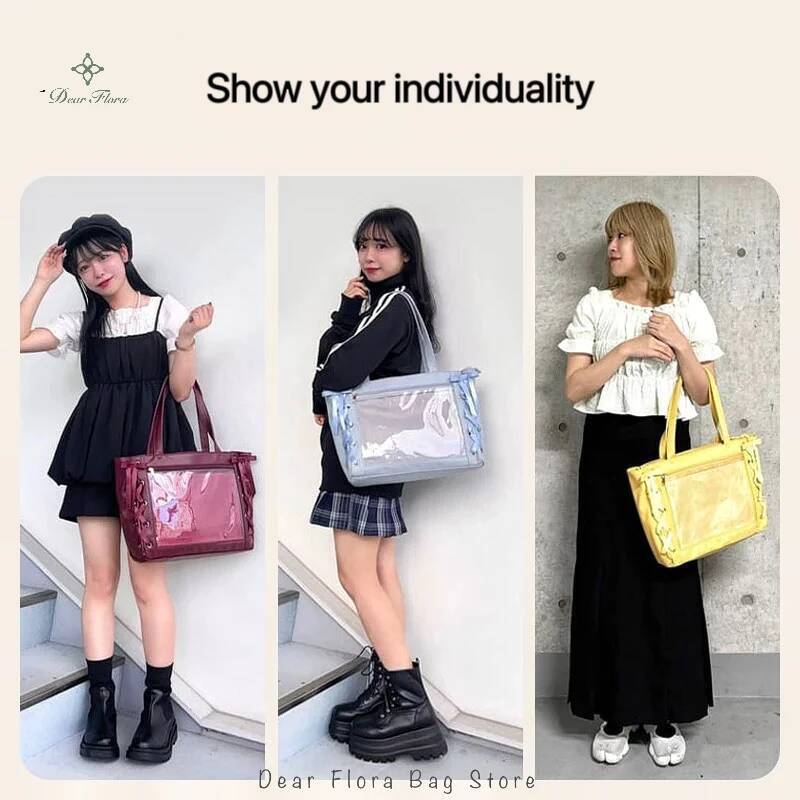 Japanese Sweet Women Ribbon Ita Bag Fashion Large Capacity Tote Bag Aesthetic Shoulder Bag Cute Lolita Girl Transparent Handbags