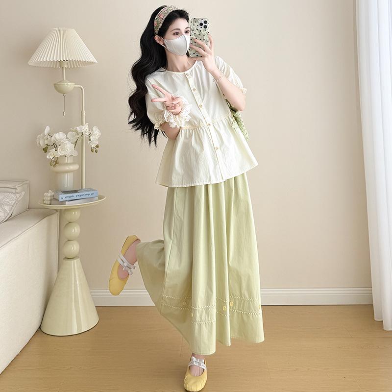 2026 Stylish & Chic Apricot Doll Blouse with Round Neck + Fresh Green Midi Skirt