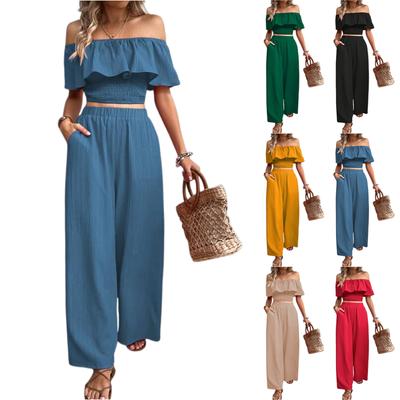 Women's Fashionable Color One Shoulder Strapless Top With Elastic Waist Casual Wide Leg Pants, Two,piece Set