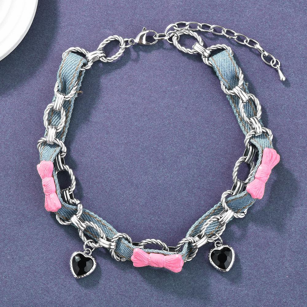 Sweet Cool Babe Necklace Pink Bow Love Pendant Choker Blue Denim Necklace