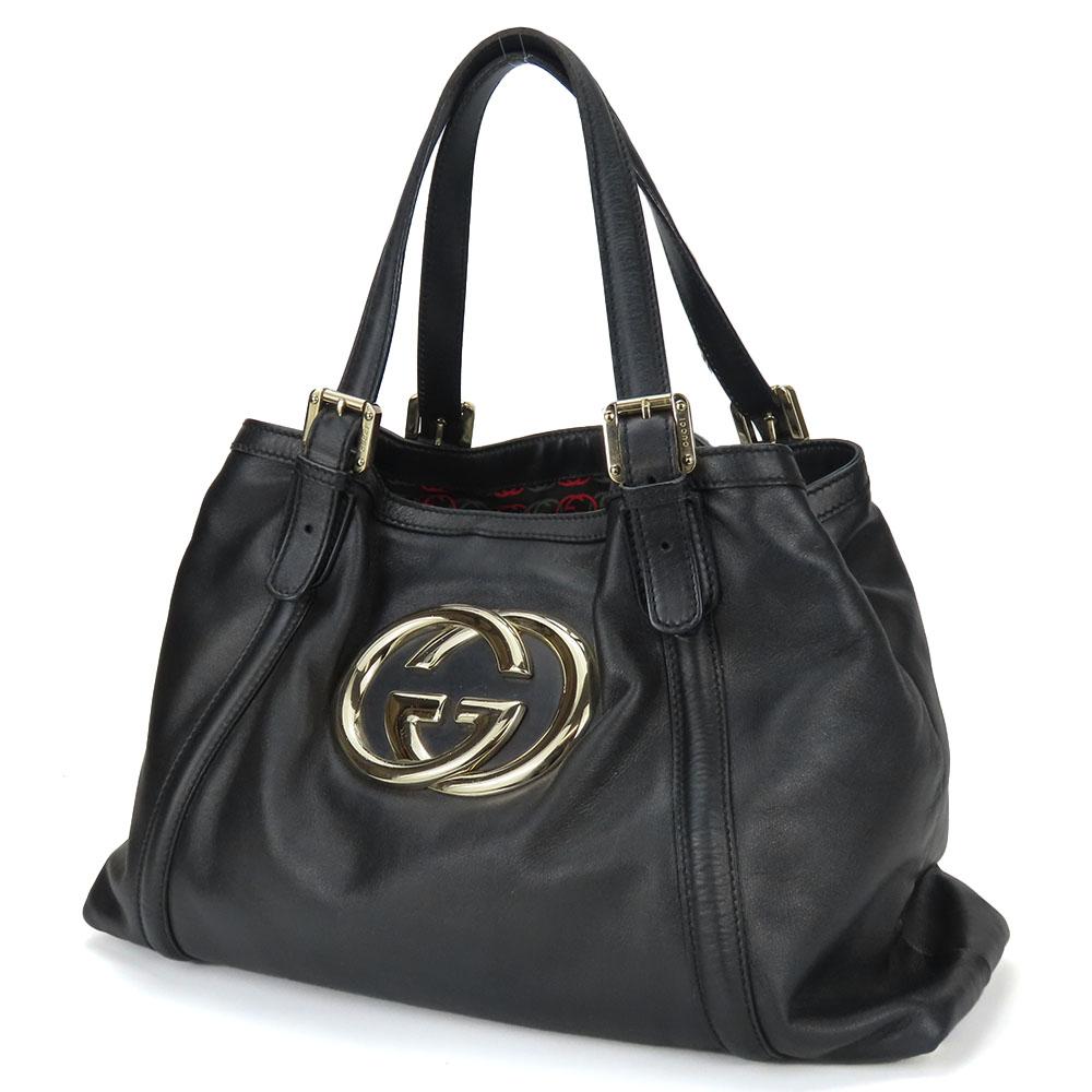 Used GUCCI Tote Bag Newbrit Double G 162094 Interlocking Leather Black Shoulder