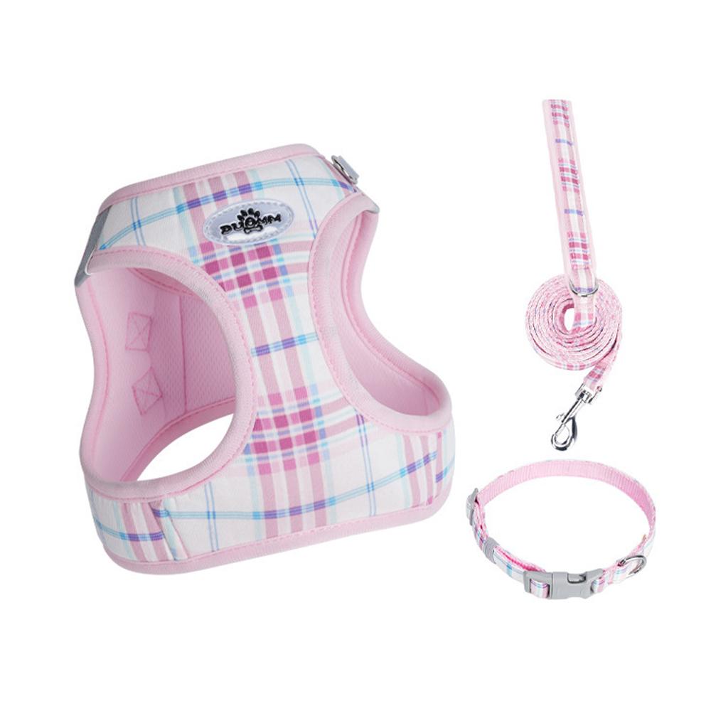 3-Piece Dog Harness Collar and Leash Set, Plaid Adjustable Puppy Vest Harness, Comfortable Pet Walking Set for Small Dogs and Ca