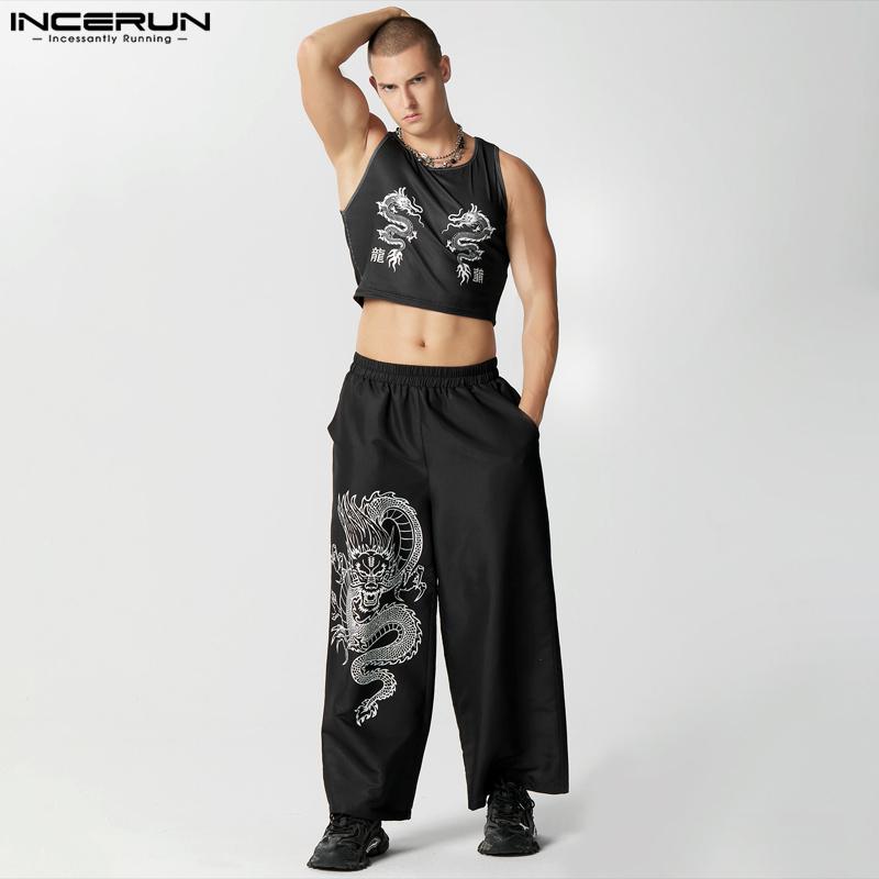 Buy INCERUN Two Piece Suit Men Sleeveless Crop Tops Pants Summer