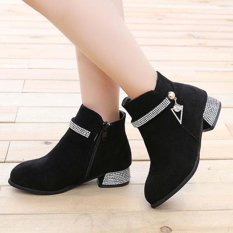 Girls Black Velvet Short Boots with Rhinestone Detail Autumn Kids Ankle Boots Elastic Cuff High Heel School Dance Shoes