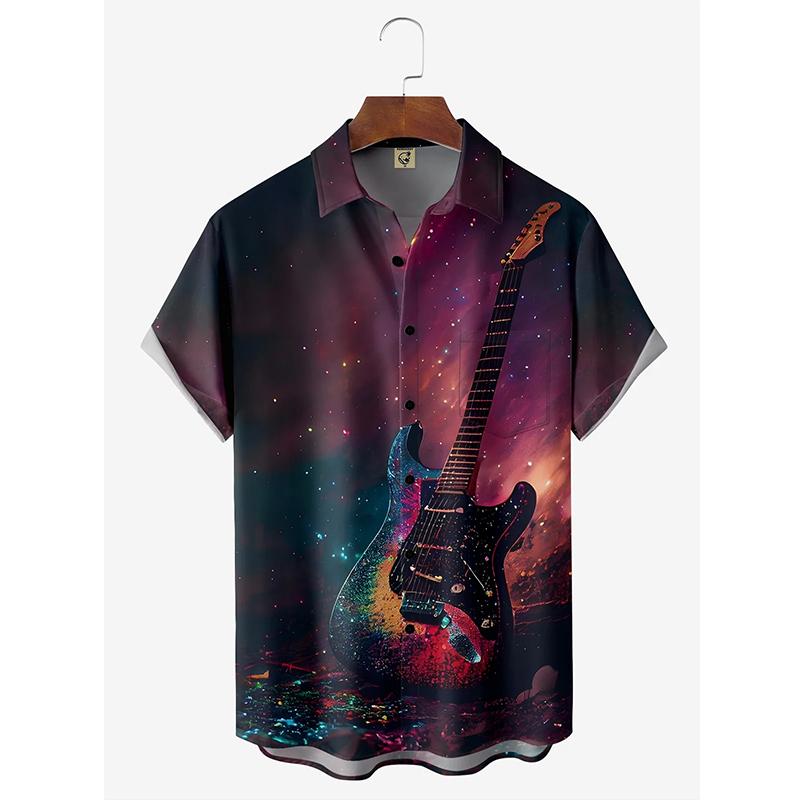 Camicia da Spiaggia Hawaiana da Uomo Asciugatura Rapida Estiva Manica Corta Stampa Chitarra Harajuku Casual Camicetta Street Abbigliamento Coreano