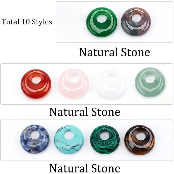 NBEADS 10 Pcs 10 Styles Natural Donut Gemstone Charms, 17.5mm Flat Round Mixed Natural and Synthetic Donut Stone Beads Pendants Natural Stone Pendant