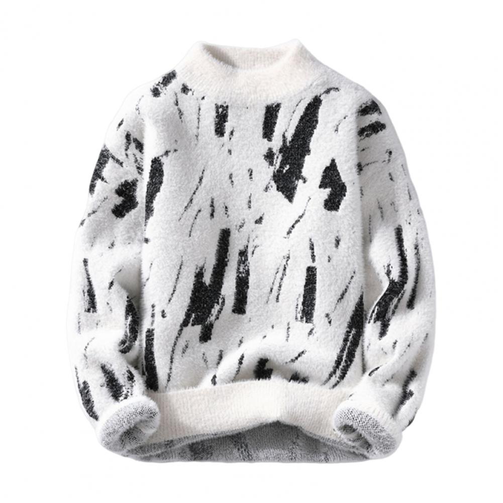 Men Winter Sweater Contrast Color Graffiti Thick Plush Half-high Collar Elastic Knit Long Sleeves Daily Wear School Dating Sweat