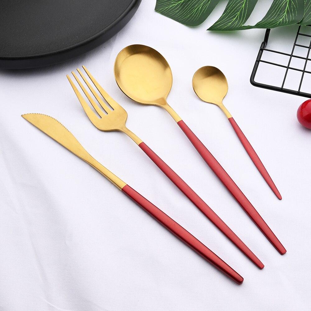 24-teiliges mattrotes Gold-Geschirr-Set aus Edelstahl, Besteck-Set, Abendessen, Messer, Gabel, Kaffeelöffel, Festival-Geschirr, Besteck-Set