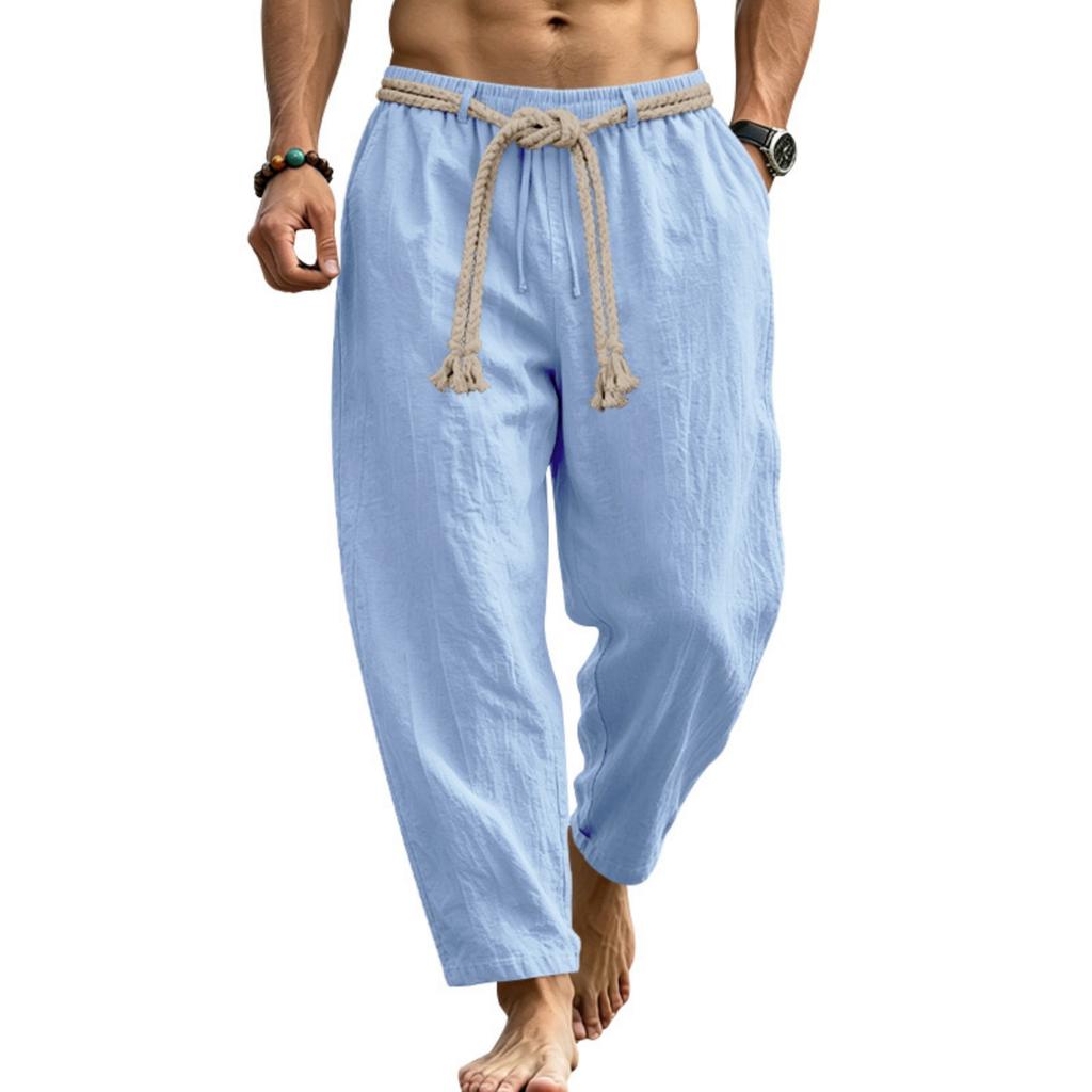 Men's Linen Drawstring Pants Lightweight Breathable Straight Leg Trousers Casual Summer Vacation Commuting Pants