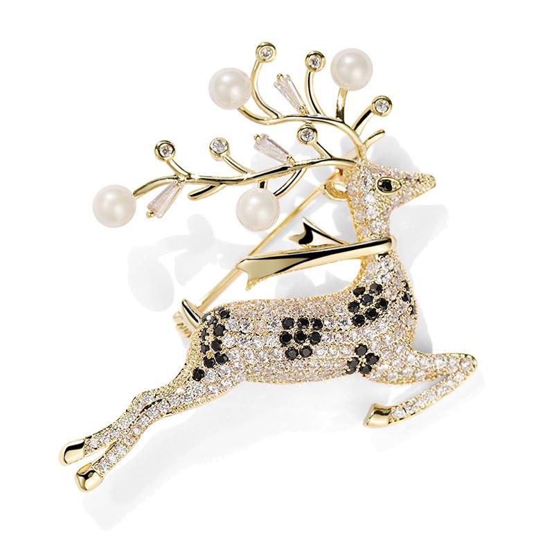 Copper Zircon Christmas Deer Brooch - High-End Jewelry New Year Gift