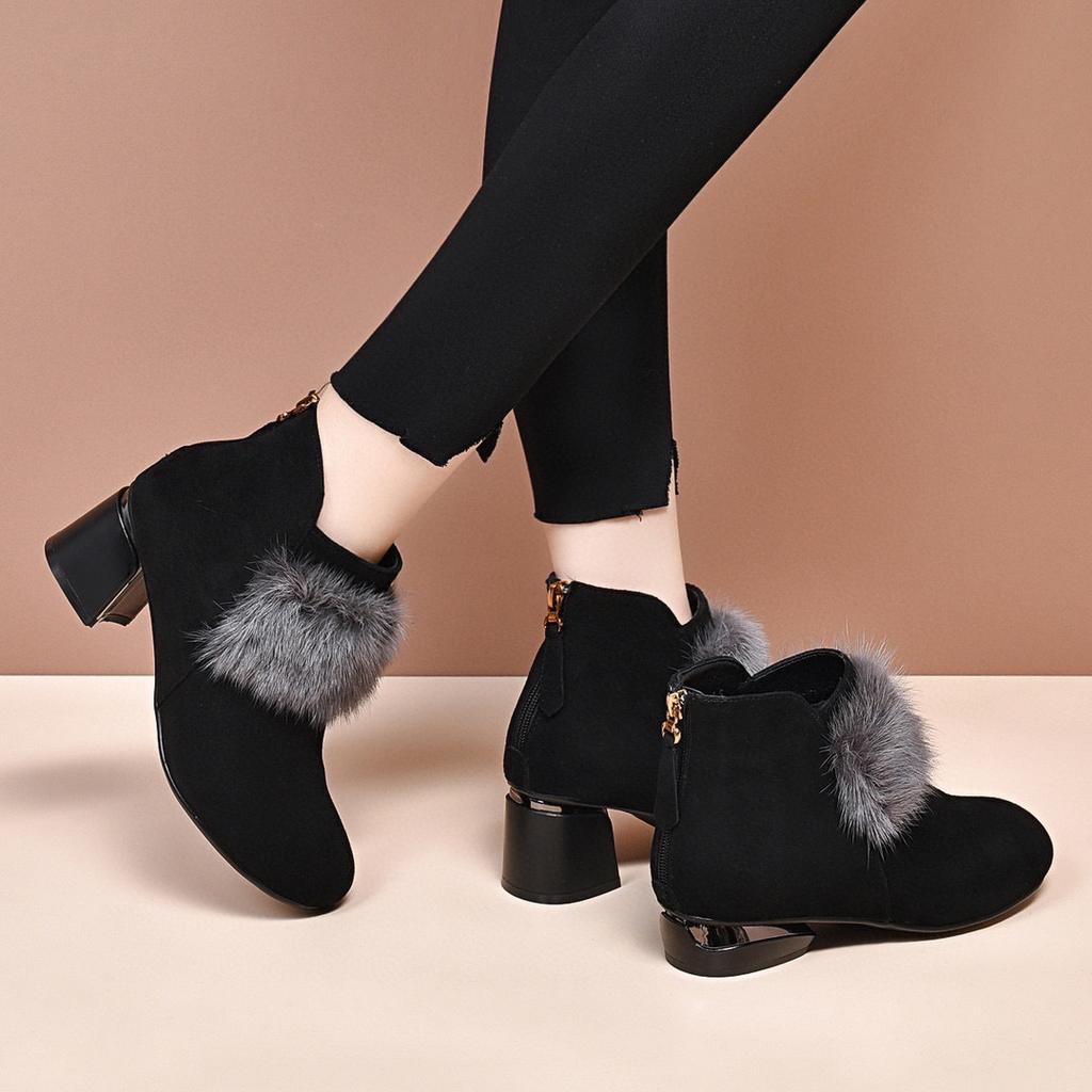Fashion fluffy women's boots autumn and winter new sheepskin mink hair round head high heel fashion boots velvet women's short boots