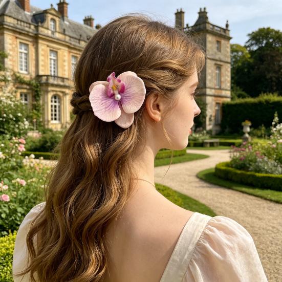 Pince à Cheveux Fille Ornement Perle Imitation Style Chinois Forme Phalaenopsis Pince à Cheveux Prise Stable Pas de Dommage Pince à Cheveux Latérale