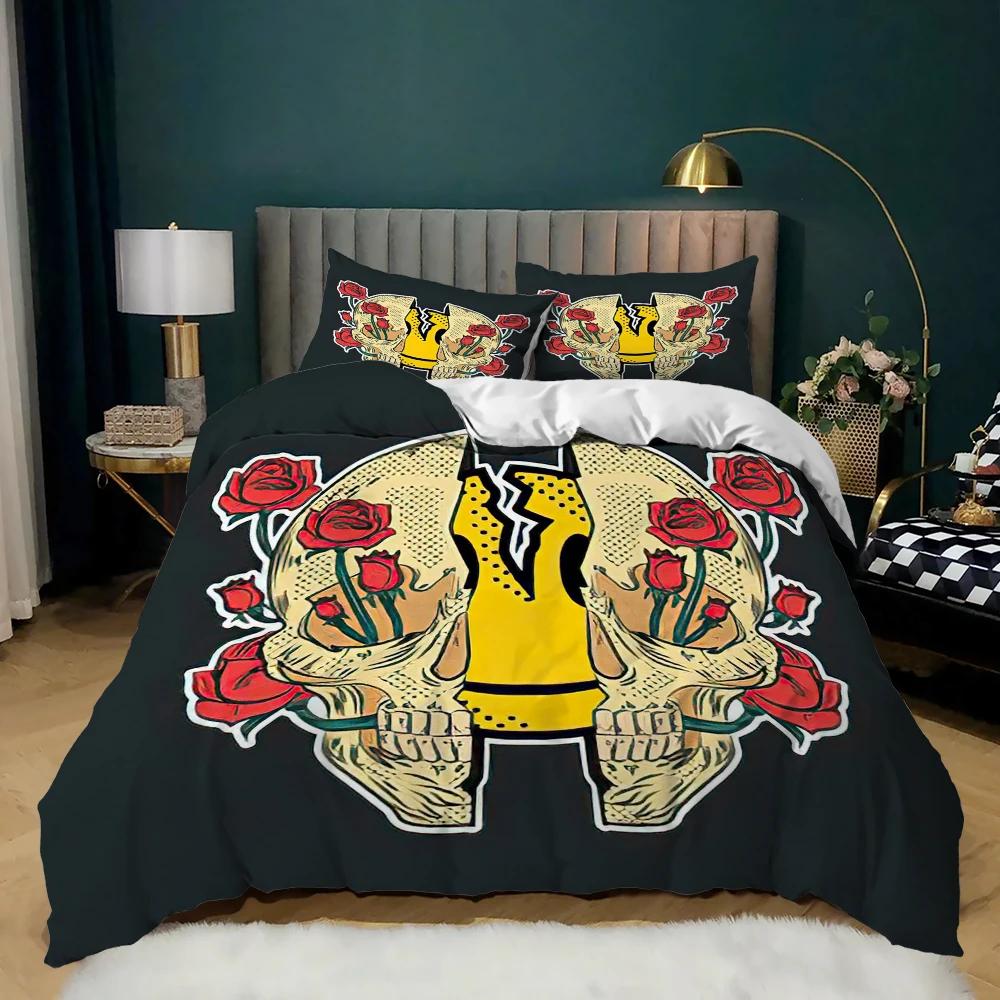 Skull Duvet Cover Queen Size Gothic Skeleton Bedding Set Rose Flower Polyester Comforter Cover For Kids Teens Adults Halloween