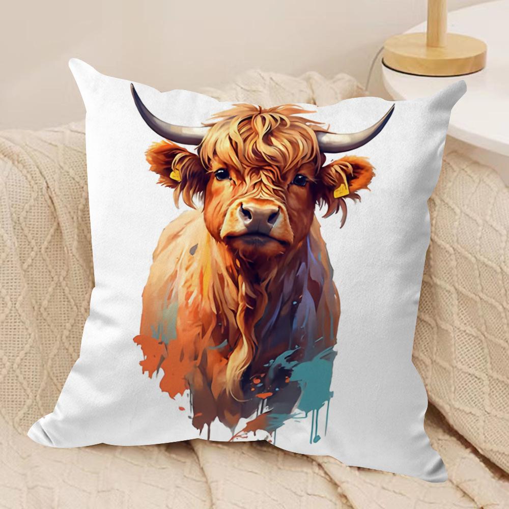 Capa de Almofada Vaca das Terras Altas e Flor Tecido de Pelúcia Macio Capas de Almofada Impressas em Ambos os Lados para Todas as Estações Decoração de Casa