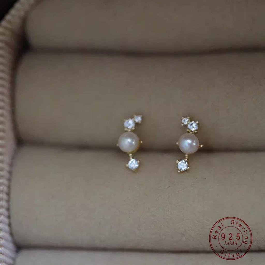 Exquisite Arc Shell Pearl Zircon 925 Sterling Silver Plated 14K Gold Earrings for Women Gentle Small Elegant Jewelry Accessories