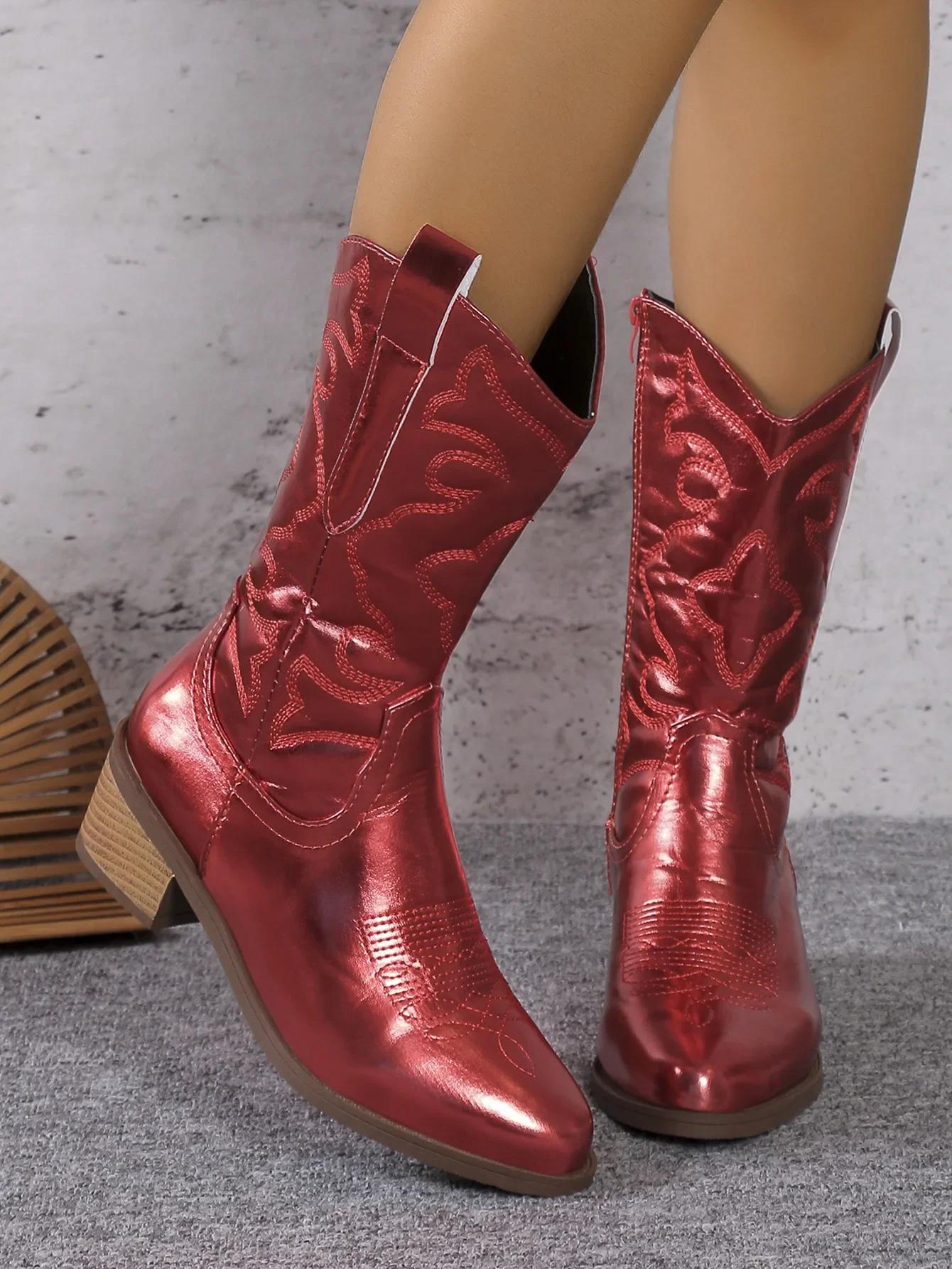 

Модная обувь для женщин Высококачественные женские сапоги золотого цвета до середины голени с боковой молнией Сапоги в ковбойском стиле в стиле вестерн Серебряные ретро-сапоги для женщин Zapatos 40 темно-красного