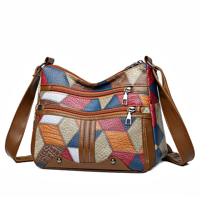 Stylish Retro Patchwork Shoulder Bag: Soft Leather, Large Capacity, Multi-Pocket Design for Versatile Use